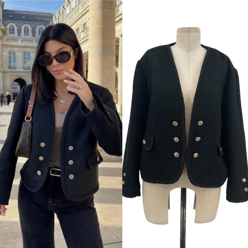Zara Jacket Button Textured Tweed Gold‎ Button Open Cropped Black Blazer XXL